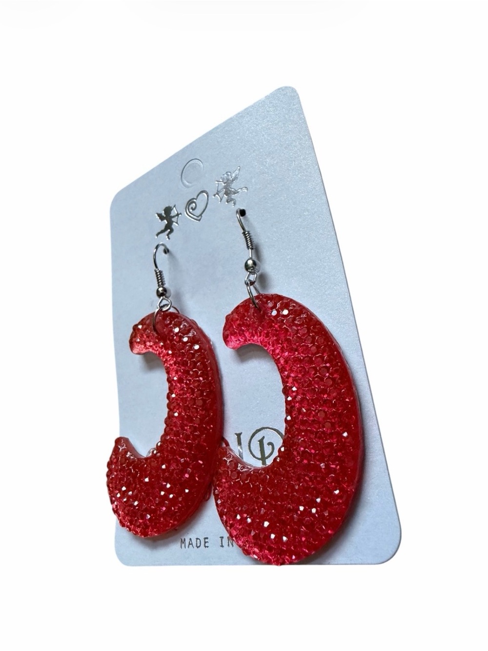 Red/Pink Rhinestone Crescent Hoop Dangle Earrings - Picture 2 of 3